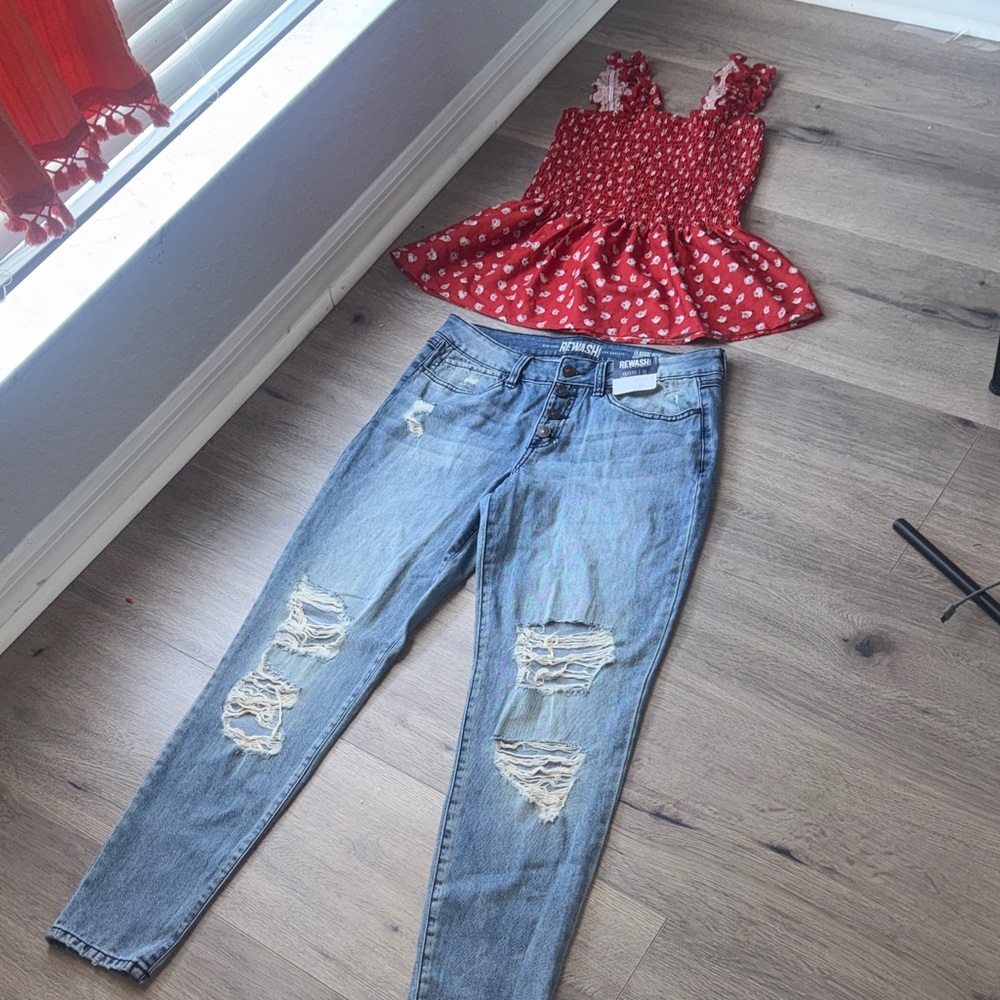 Red Polka Dot Top and Distressed Jeans